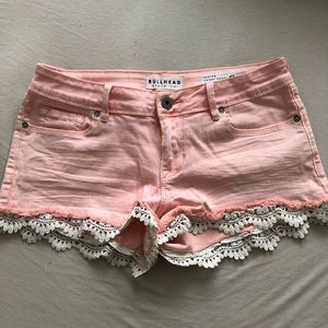 Pastel Orange Denim Shorts with Crochet Detailing
